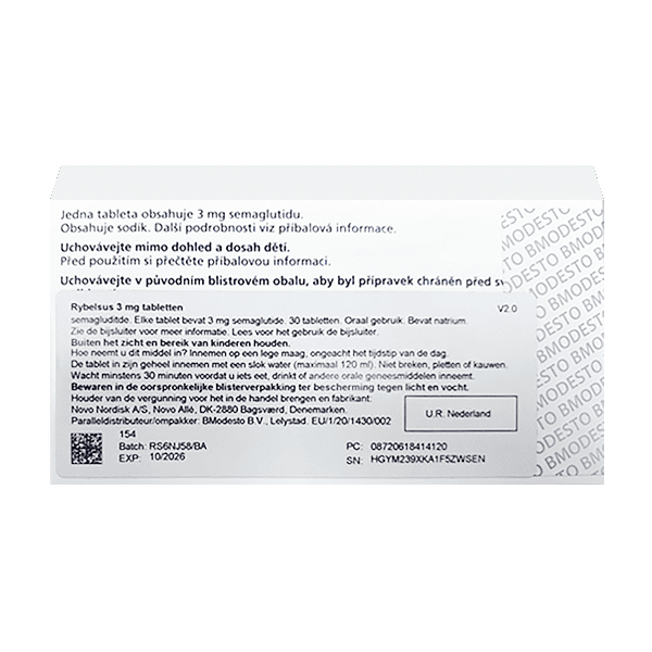 Rybelsus® 3 mg - Rückseite der Verpackung Rybelsus® 3 mg
